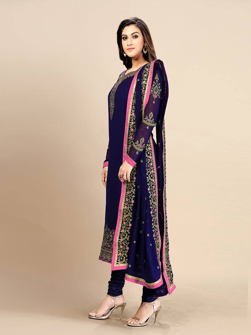 Blue Georgette Embroidery Salwar Suit Set with Dupatta For Women's