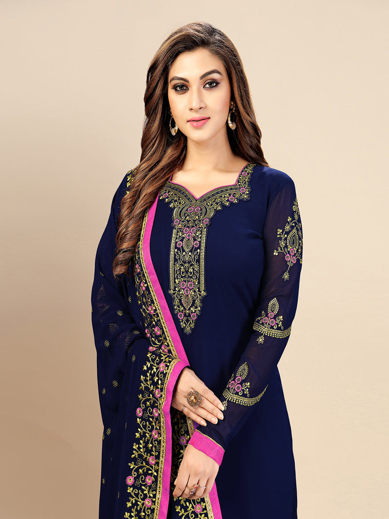 Blue Georgette Embroidery Salwar Suit Set with Dupatta For Women's