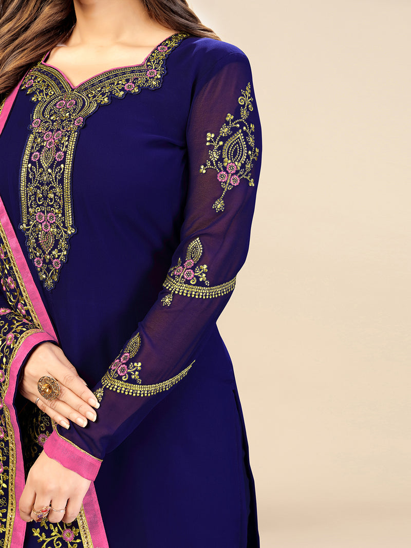 Blue Georgette Embroidery Salwar Suit Set with Dupatta For Women's