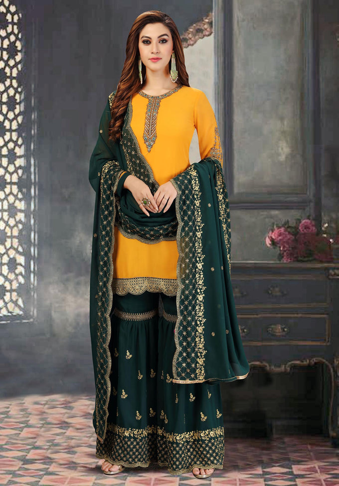 Yellow Georgette Embroidery Salwar Suit Set Kurta Sharara with Dupatta For Women's Trendmallsin