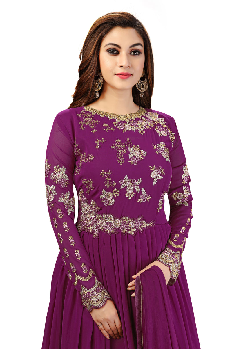 Purple Georgette Embroidery Anarkali Salwar Suit Set with Dupatta For Women's