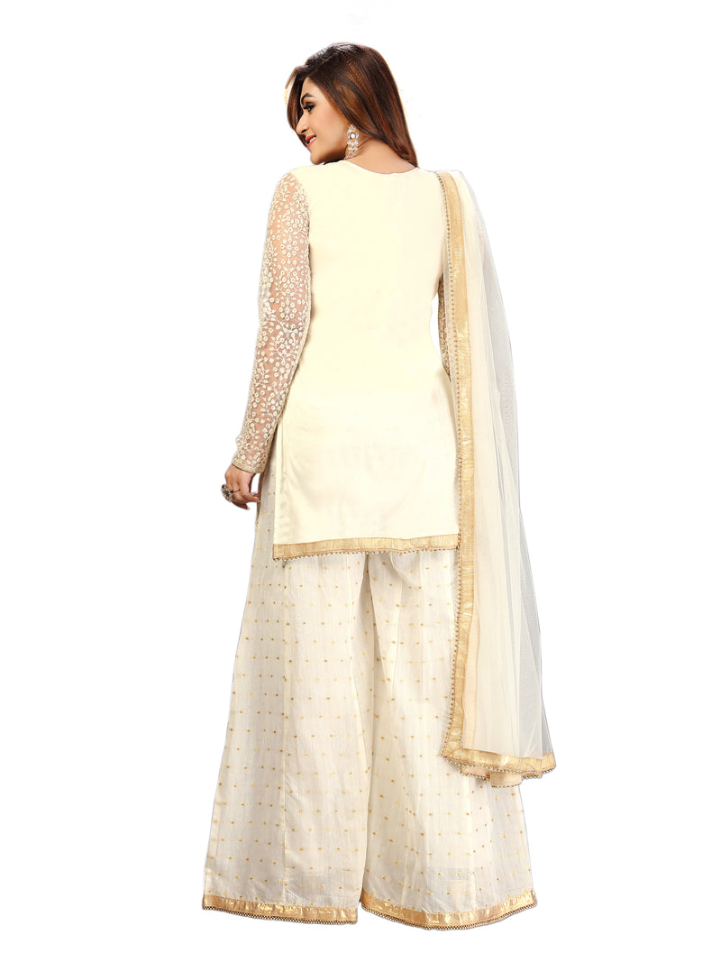 White Cotton Embroidery Salwar Suit Set Kurta Sharara with Dupatta Kurta Palazzo Set Stitched Ready To Wear For Women's