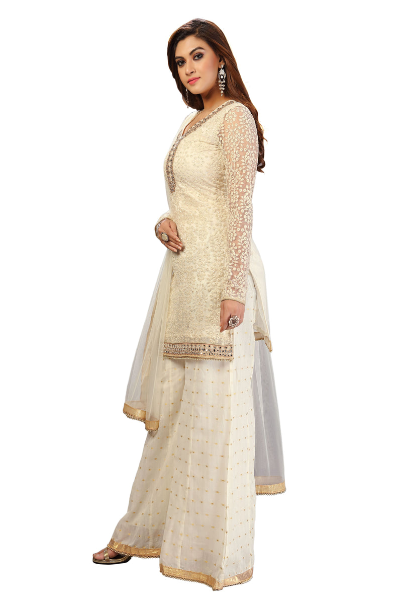 White Cotton Embroidery Salwar Suit Set Kurta Sharara with Dupatta Kurta Palazzo Set Stitched Ready To Wear For Women's