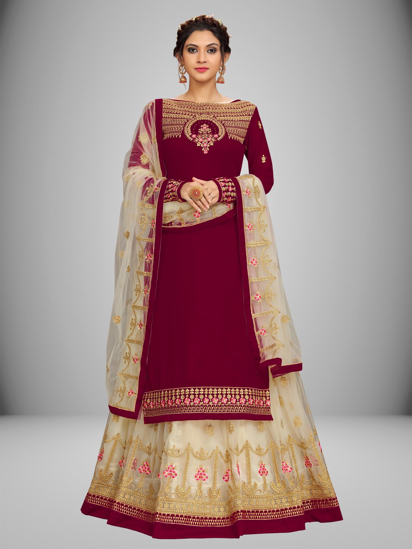 Women's Georgette Net Embroidery Salwar Suit Set Kurta Lehenga with Dupatta Maroon Trendmallsin