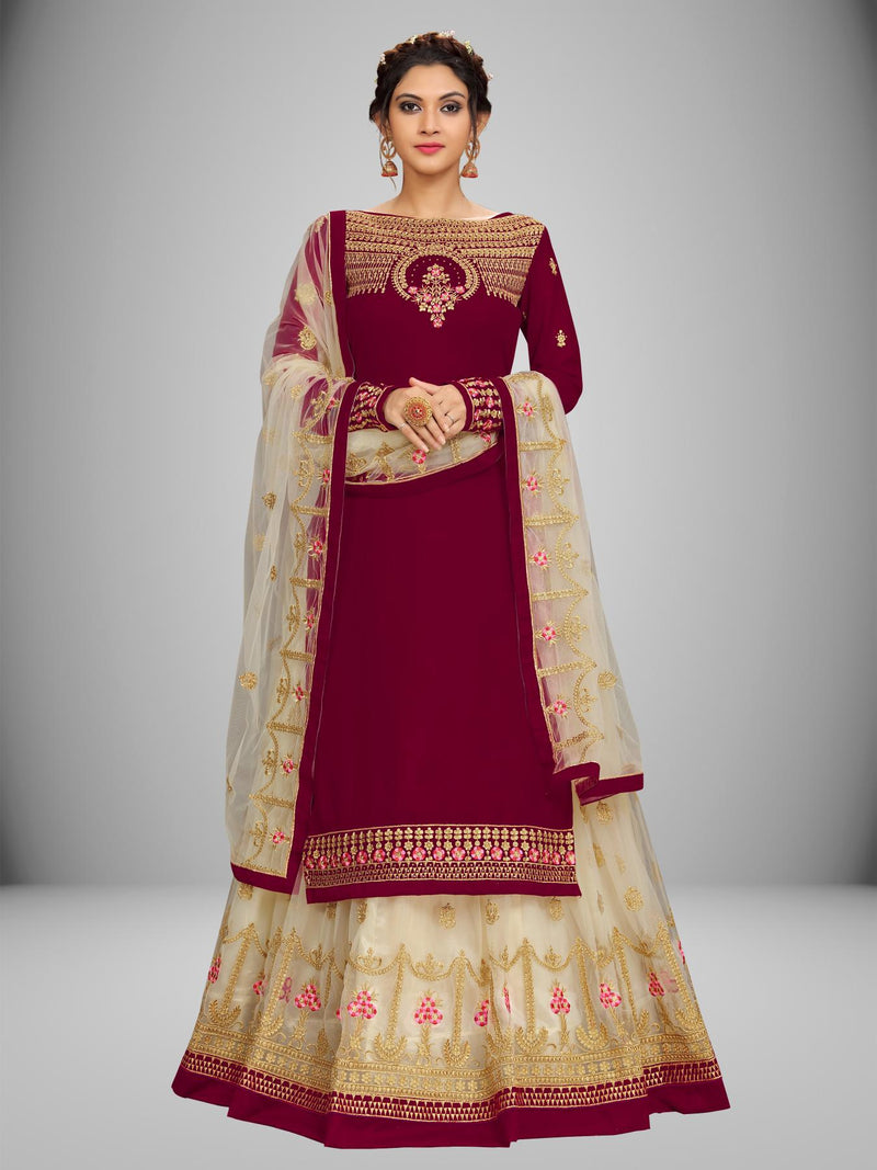 Women's Georgette Net Embroidery Salwar Suit Set Kurta Lehenga with Dupatta Maroon