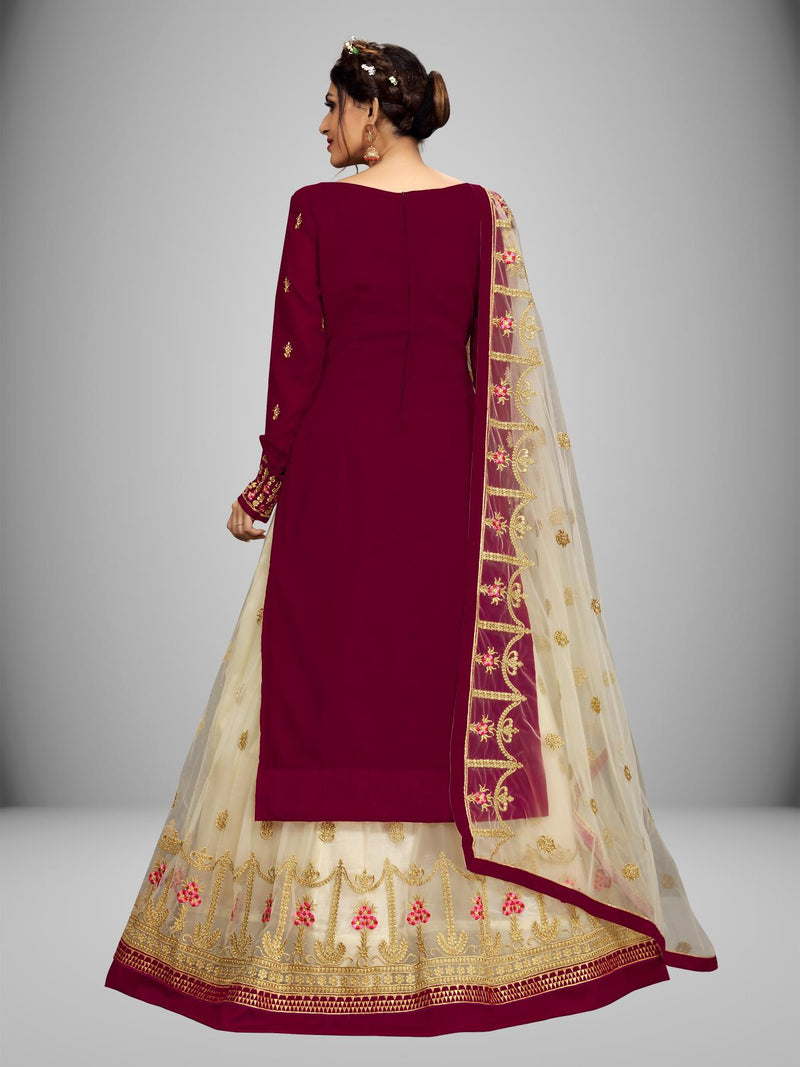 Women's Georgette Net Embroidery Salwar Suit Set Kurta Lehenga with Dupatta Maroon