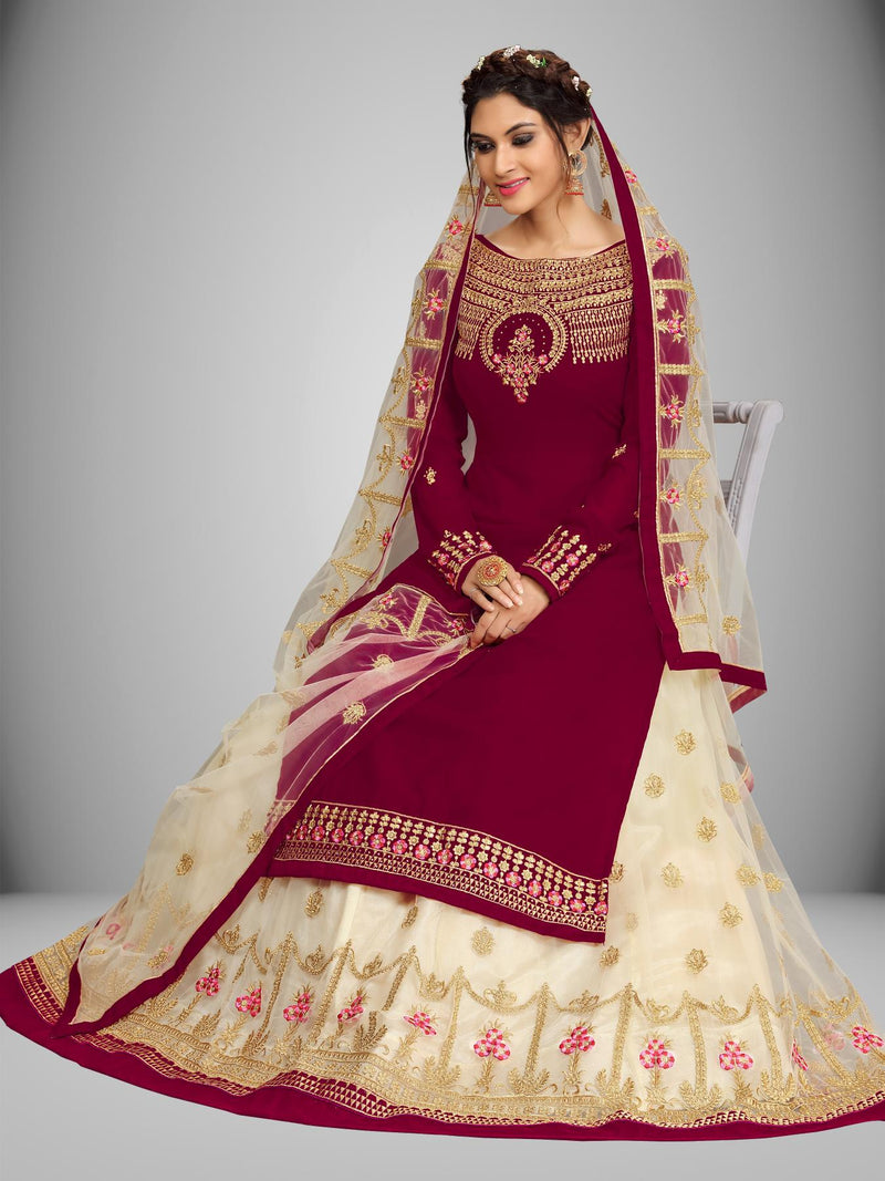 Women's Georgette Net Embroidery Salwar Suit Set Kurta Lehenga with Dupatta Maroon