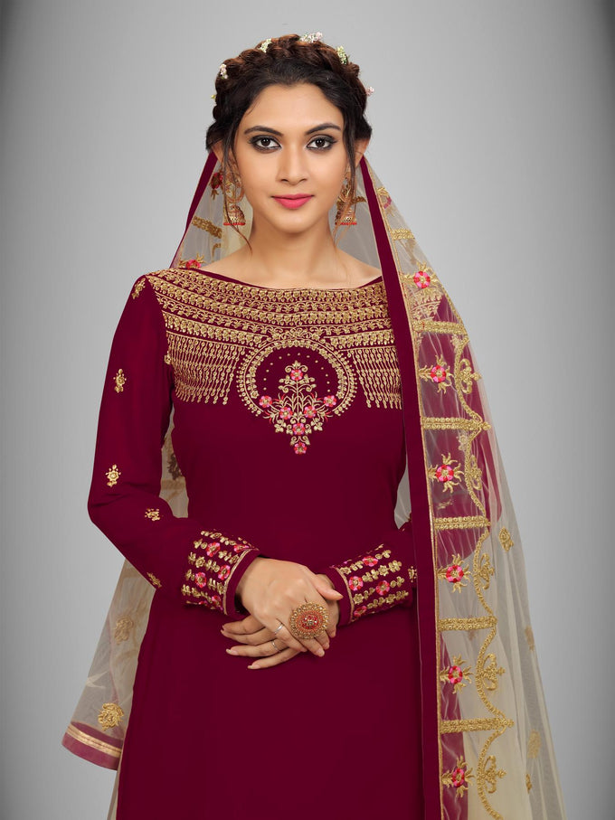 Women's Georgette Net Embroidery Salwar Suit Set Kurta Lehenga with Dupatta Maroon Trendmallsin