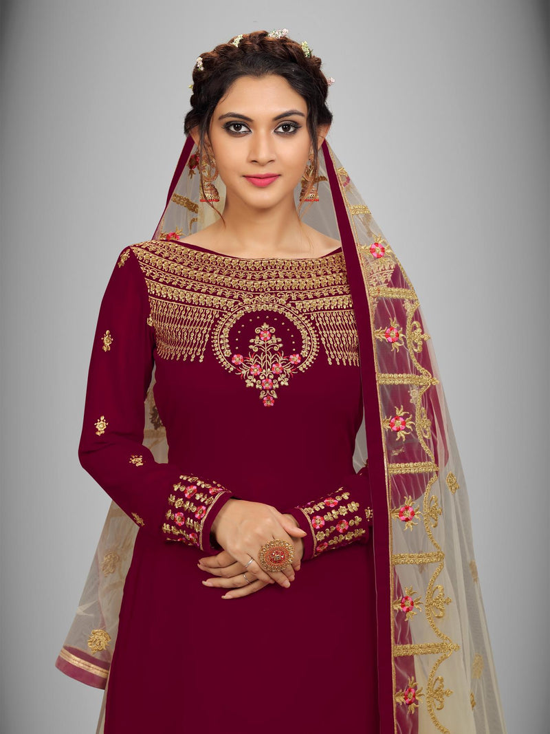 Women's Georgette Net Embroidery Salwar Suit Set Kurta Lehenga with Dupatta Maroon