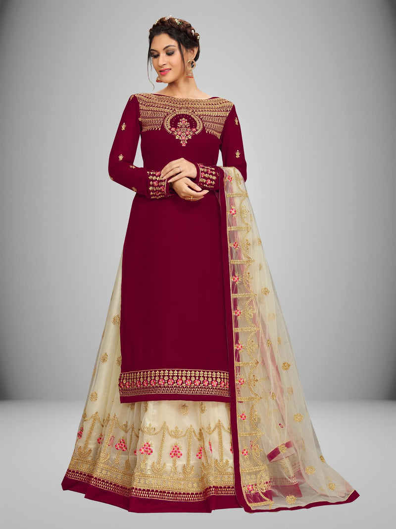 Women's Georgette Net Embroidery Salwar Suit Set Kurta Lehenga with Dupatta Maroon