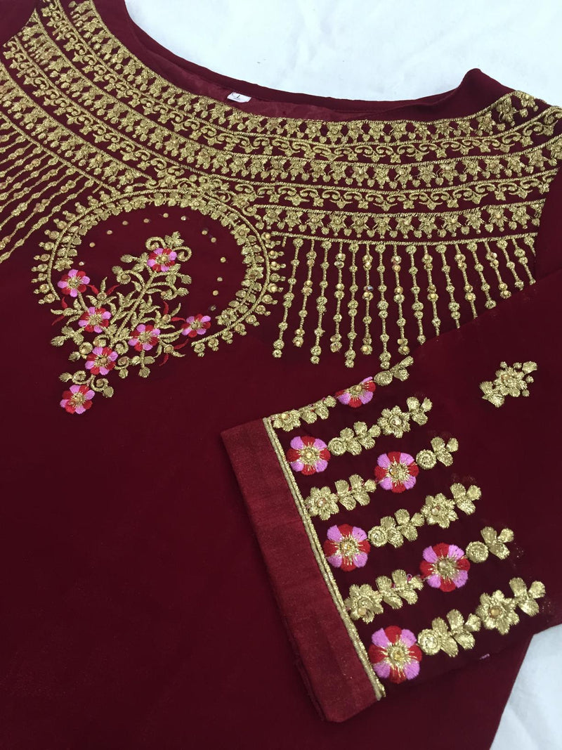 Women's Georgette Net Embroidery Salwar Suit Set Kurta Lehenga with Dupatta Maroon