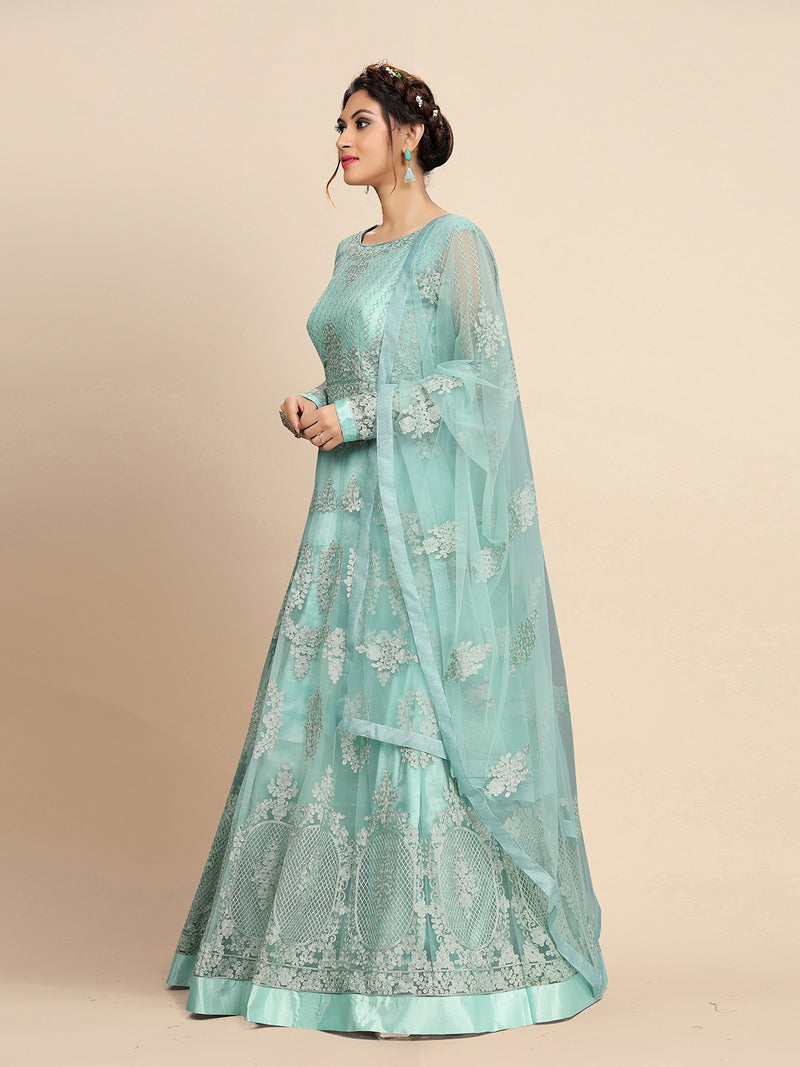Women's Net Embroidery Salwar Suit Anarkali Kurta Set with Dupatta