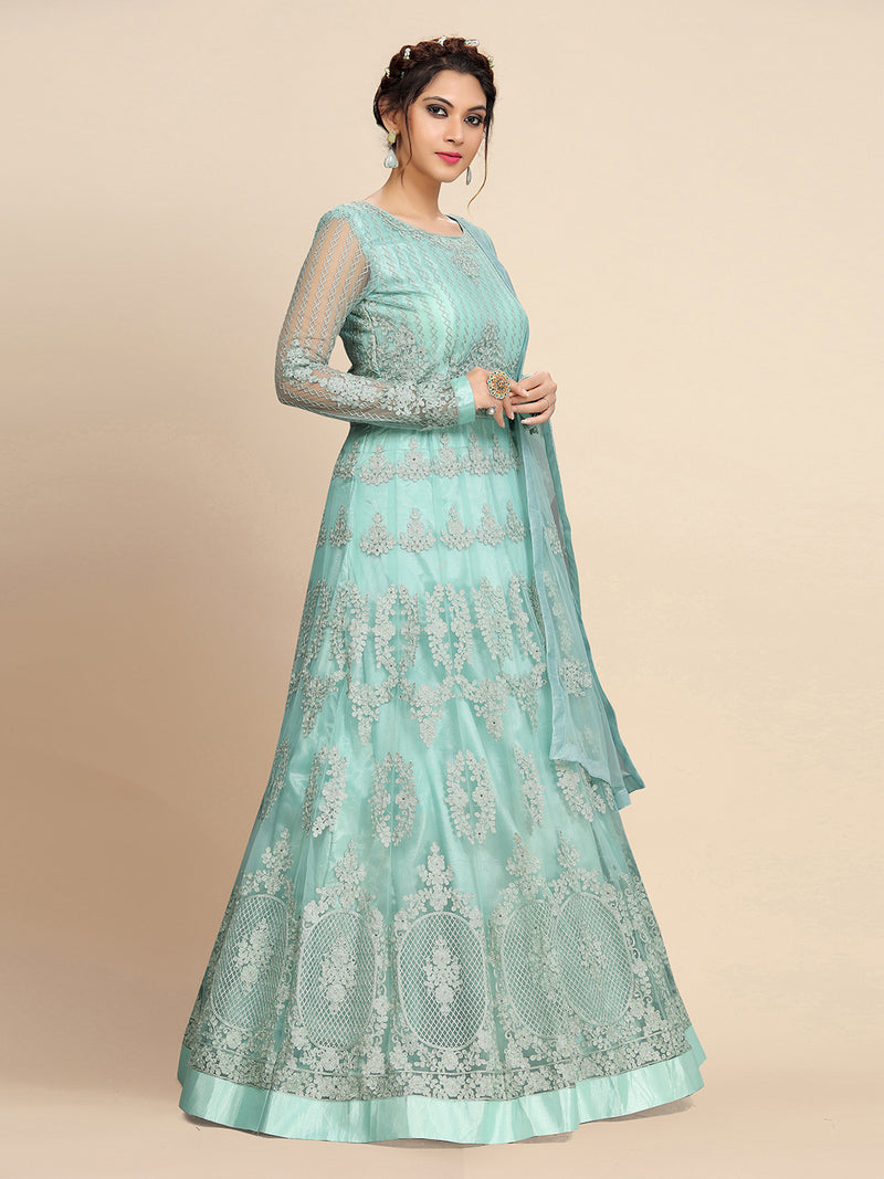 Women's Net Embroidery Salwar Suit Anarkali Kurta Set with Dupatta