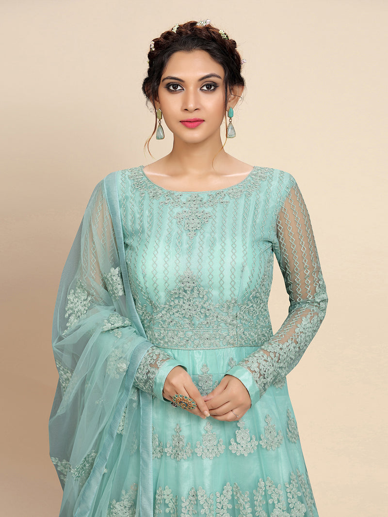 Women's Net Embroidery Salwar Suit Anarkali Kurta Set with Dupatta
