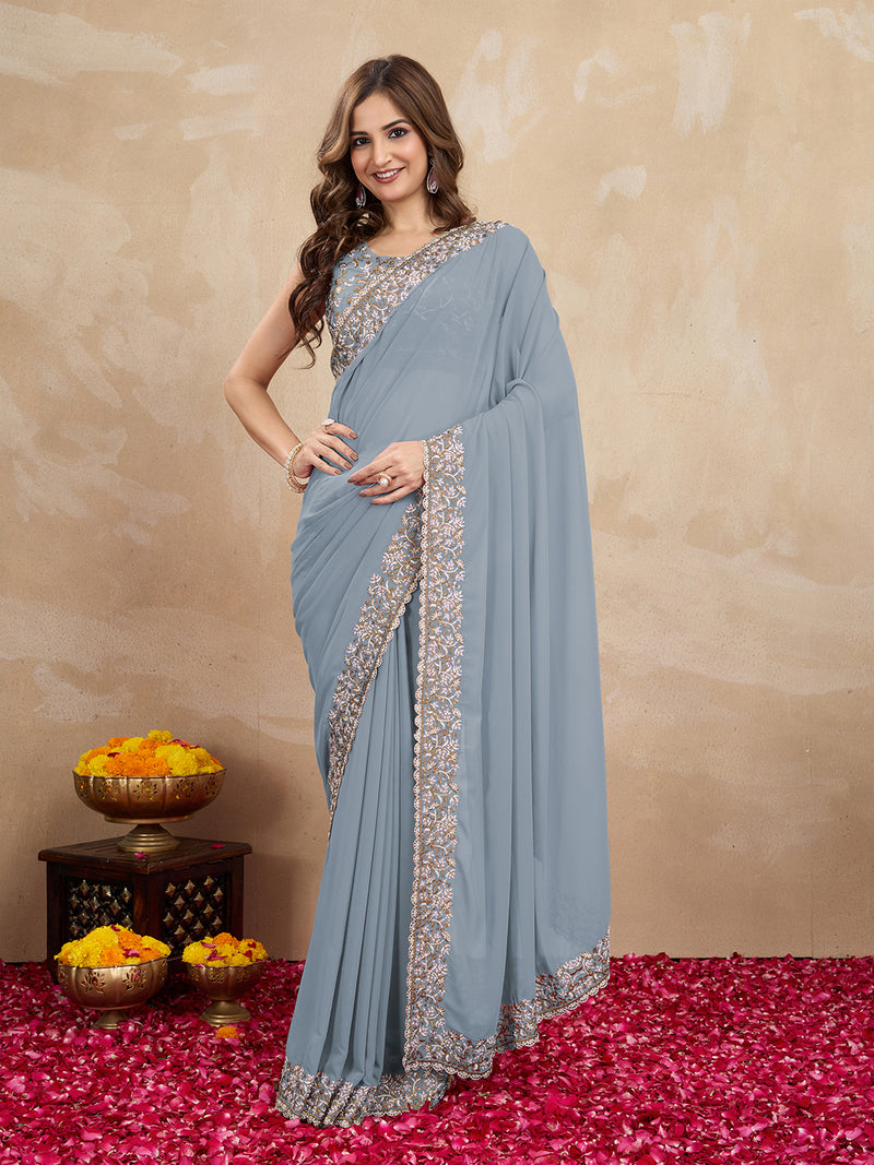 Women's Georgette Embroidery Sequin Work Saree with Unstitch Blouse Piece
