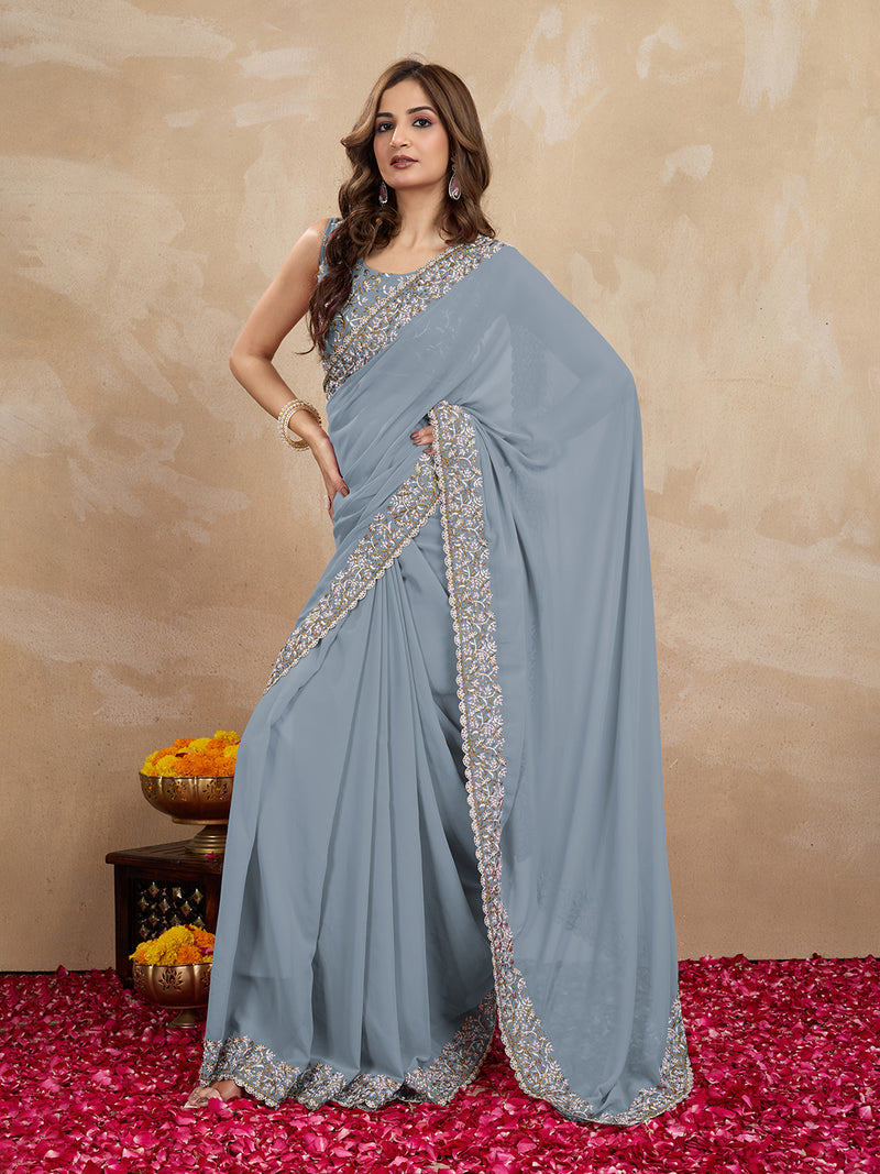 Women's Georgette Embroidery Sequin Work Saree with Unstitch Blouse Piece