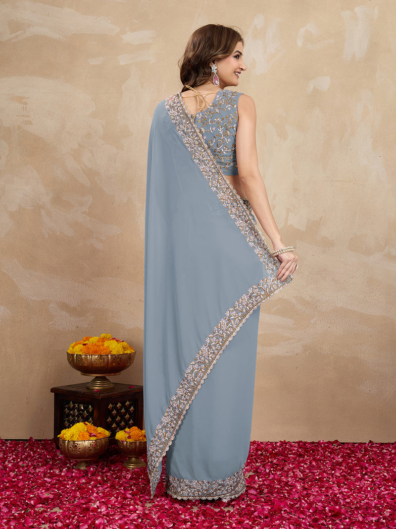 Women's Georgette Embroidery Sequin Work Saree with Unstitch Blouse Piece