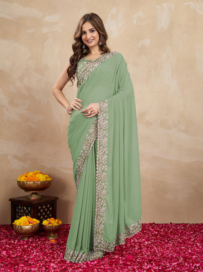 Fancy Georgette Embroidery Sequin Work Saree with Unstitch Blouse Piece Trendmalls