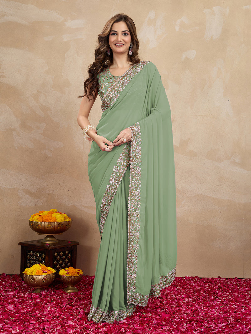 Women's Georgette Embroidery Sequin Work Saree with Unstitch Blouse Piece