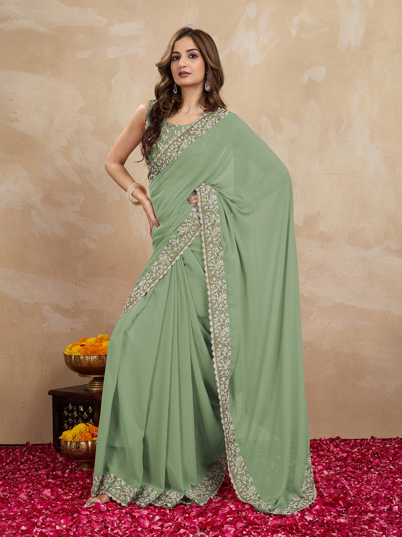 Women's Georgette Embroidery Sequin Work Saree with Unstitch Blouse Piece