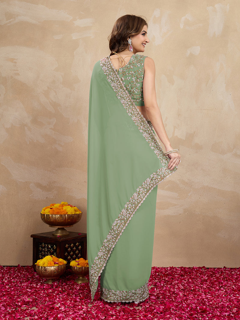 Women's Georgette Embroidery Sequin Work Saree with Unstitch Blouse Piece