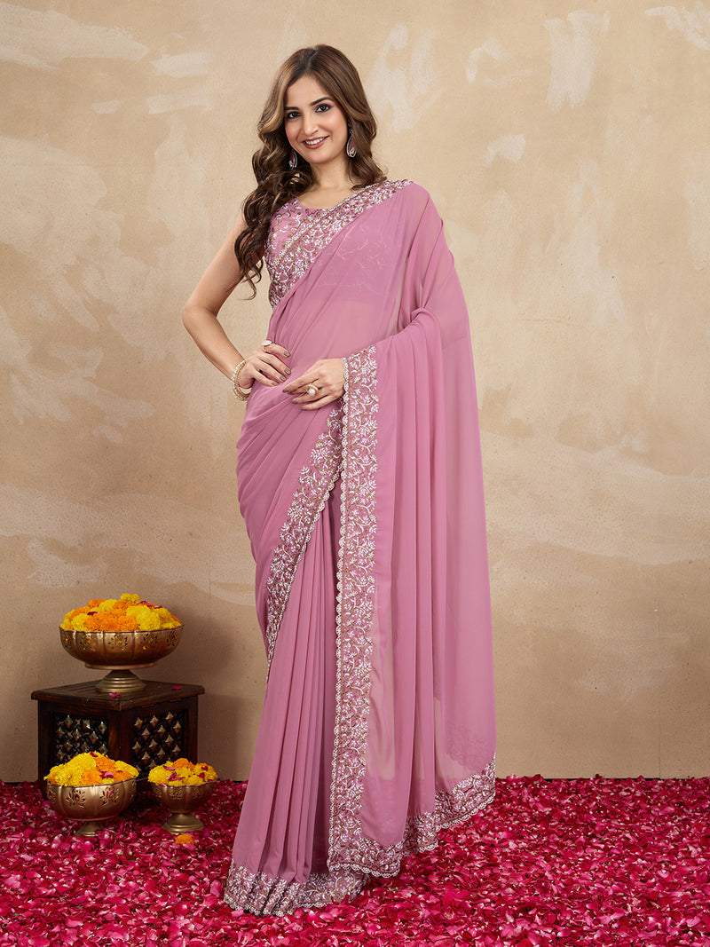 Women's Georgette Embroidery Sequin Work Saree with Unstitch Blouse Piece