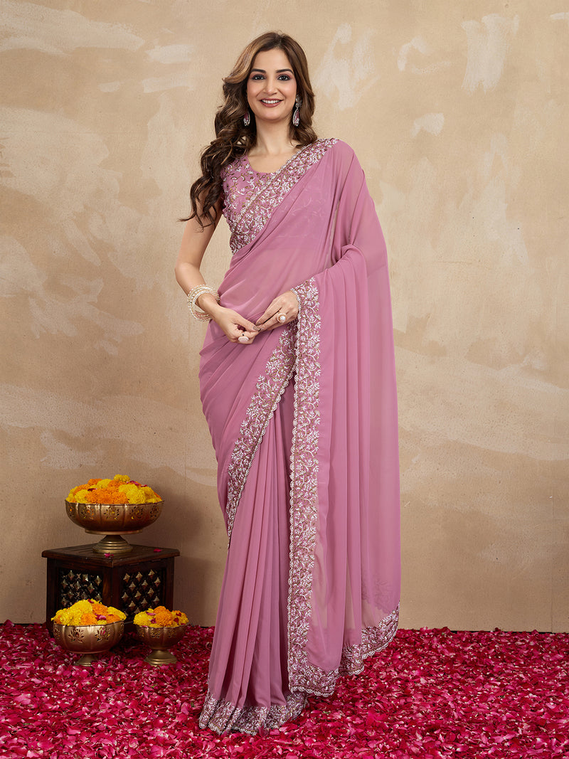Women's Georgette Embroidery Sequin Work Saree with Unstitch Blouse Piece