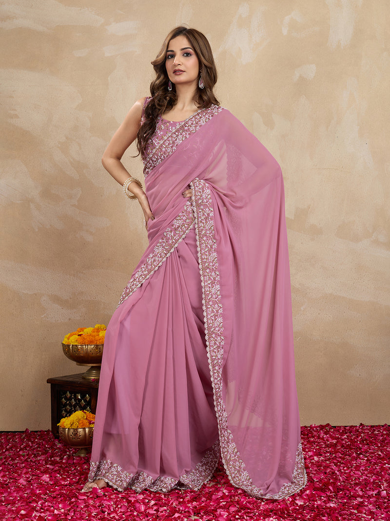 Women's Georgette Embroidery Sequin Work Saree with Unstitch Blouse Piece