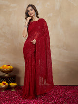 Women's Red Georgette Embroidery Sequence Saree with Unstitched Blouse Piece