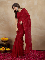 Women's Red Georgette Embroidery Sequence Saree with Unstitched Blouse Piece