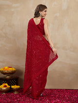 Women's Red Georgette Embroidery Sequence Saree with Unstitched Blouse Piece