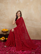 Women's Red Georgette Embroidery Sequence Saree with Unstitched Blouse Piece