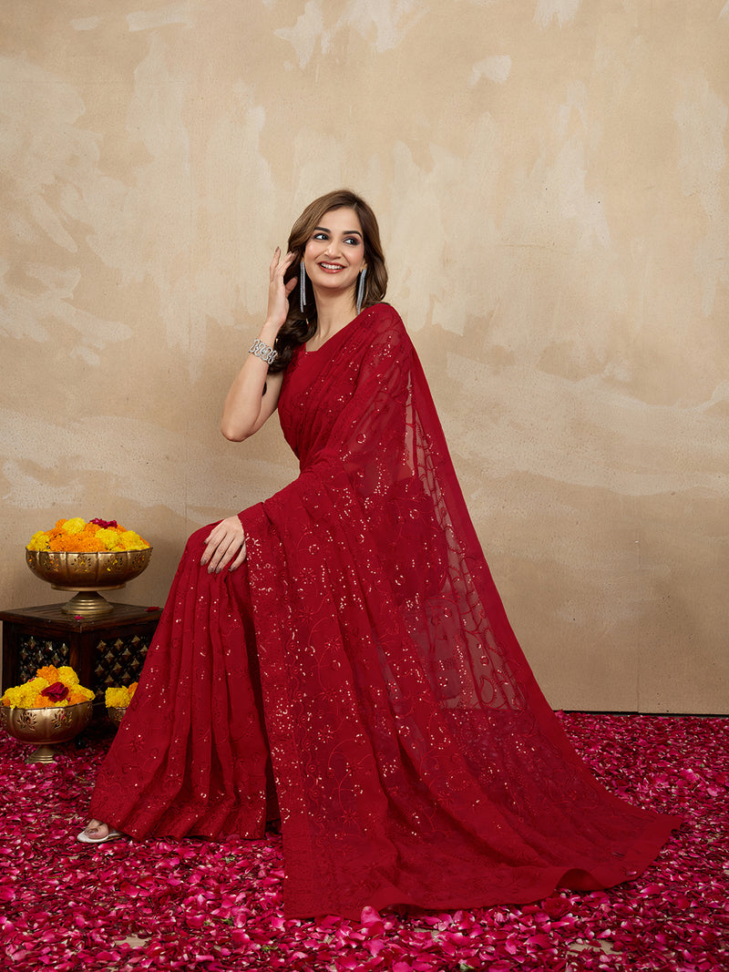 Women's Red Georgette Embroidery Sequence Saree with Unstitched Blouse Piece