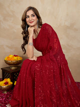 Women's Red Georgette Embroidery Sequence Saree with Unstitched Blouse Piece