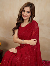 Women's Red Georgette Embroidery Sequence Saree with Unstitched Blouse Piece