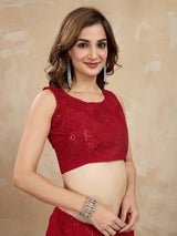Women's Red Georgette Embroidery Sequence Saree with Unstitched Blouse Piece