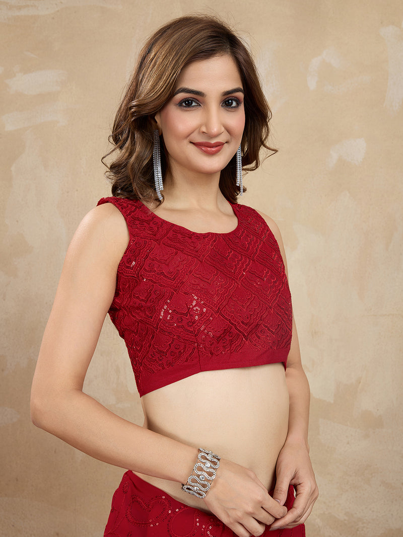 Women's Red Georgette Embroidery Sequence Saree with Unstitched Blouse Piece