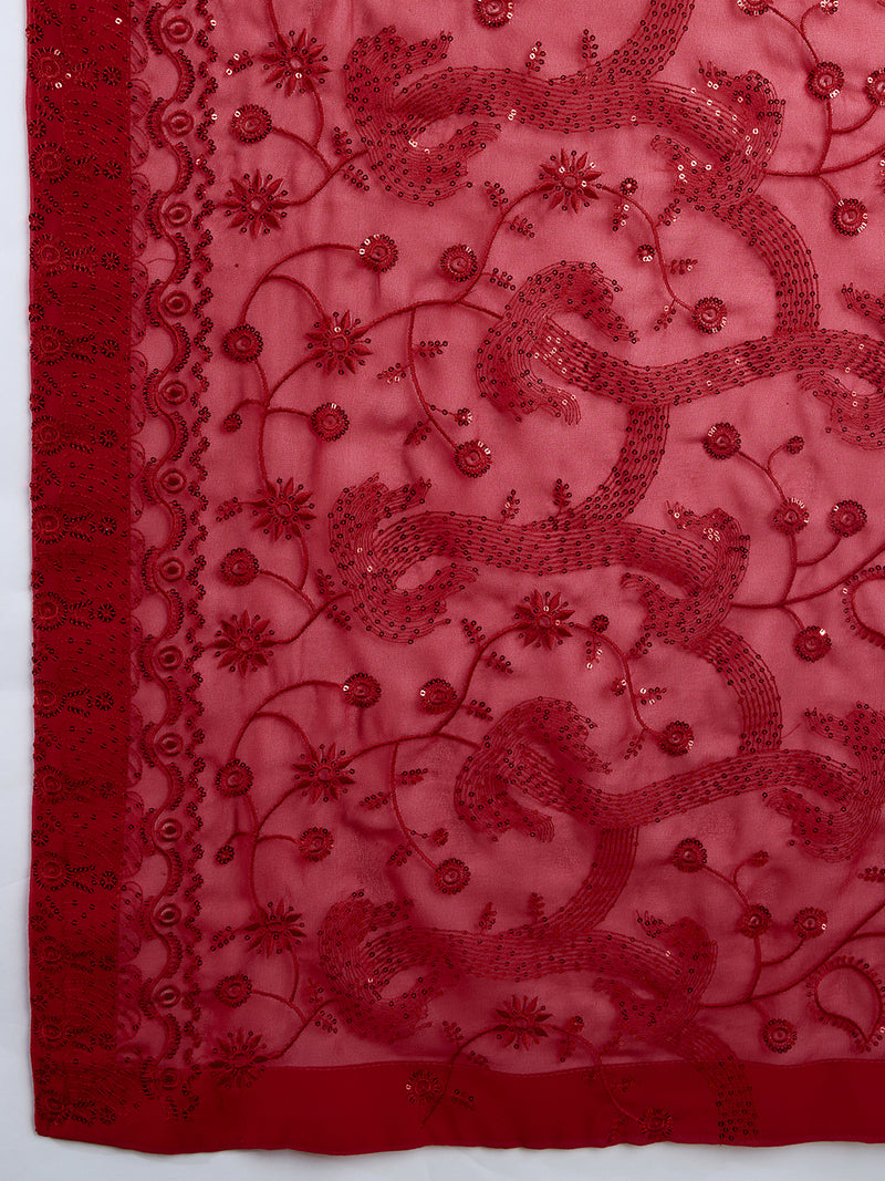 Women's Red Georgette Embroidery Sequence Saree with Unstitched Blouse Piece