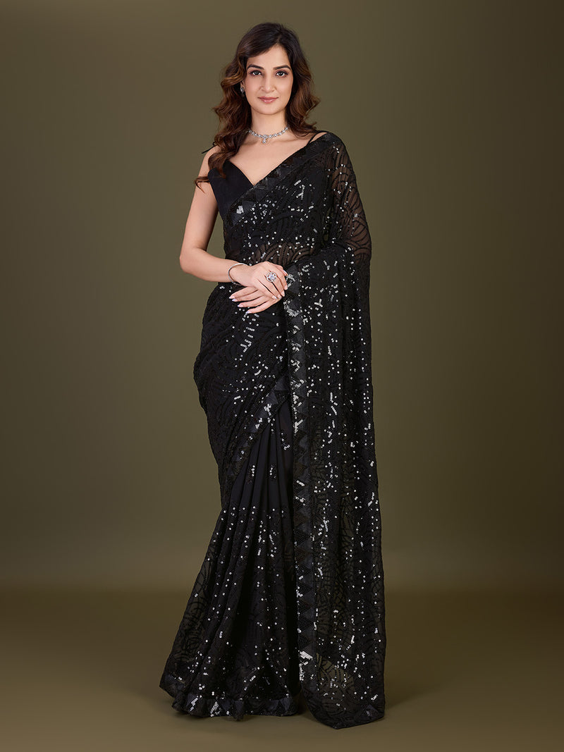 Women's Black Georgette Sequence Embroidery Work Saree with Blouse Piece
