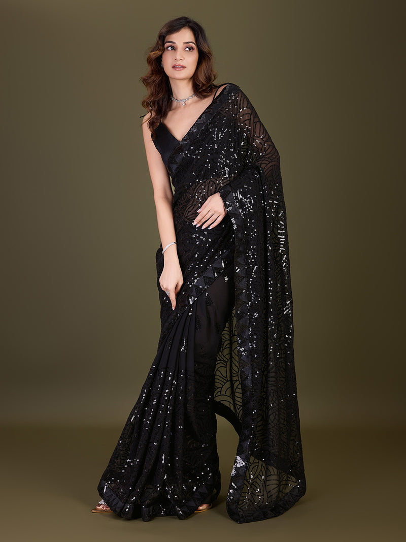 Women's Black Georgette Sequence Embroidery Work Saree with Blouse Piece