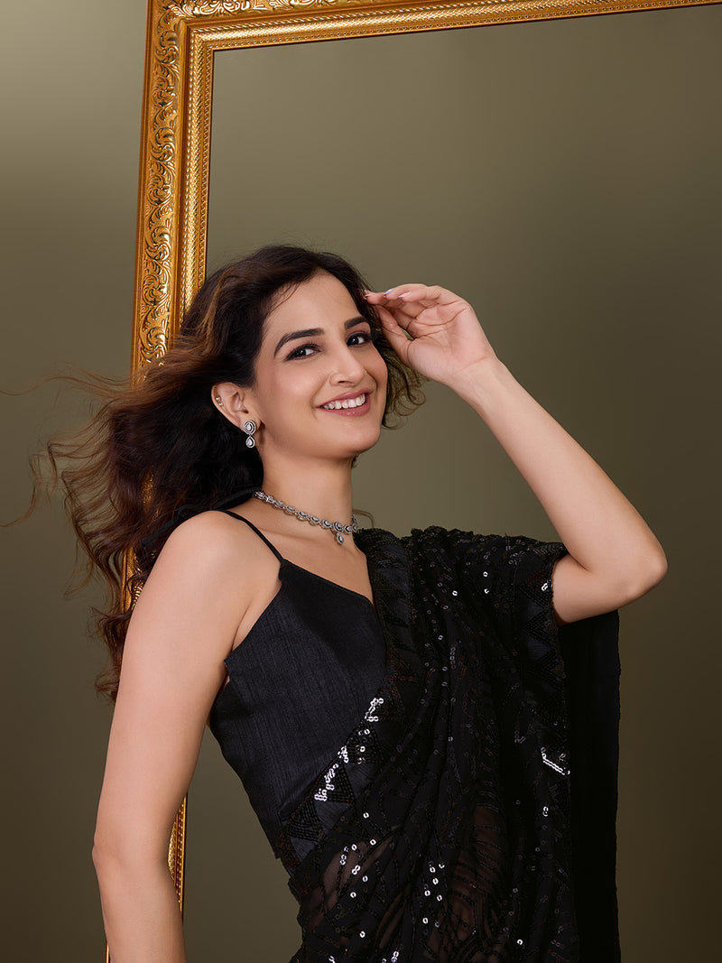 Women's Black Georgette Sequence Embroidery Work Saree with Blouse Piece