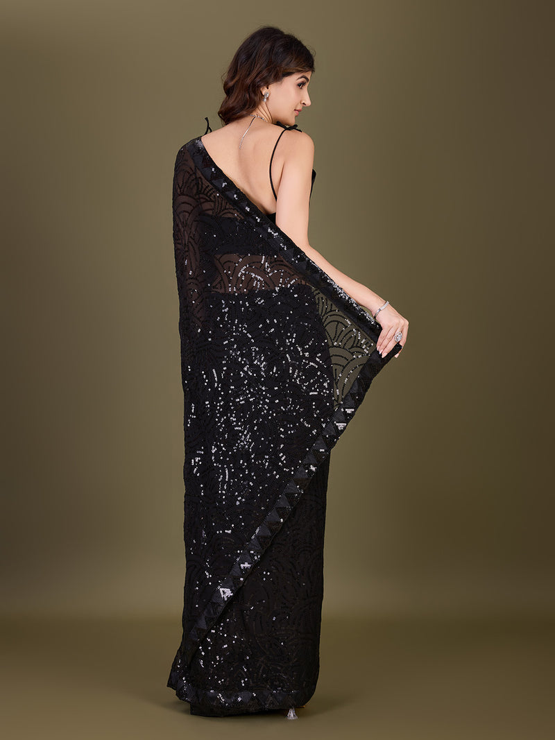 Women's Black Georgette Sequence Embroidery Work Saree with Blouse Piece