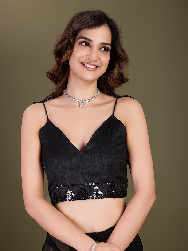 Women's Black Georgette Sequence Embroidery Work Saree with Blouse Piece