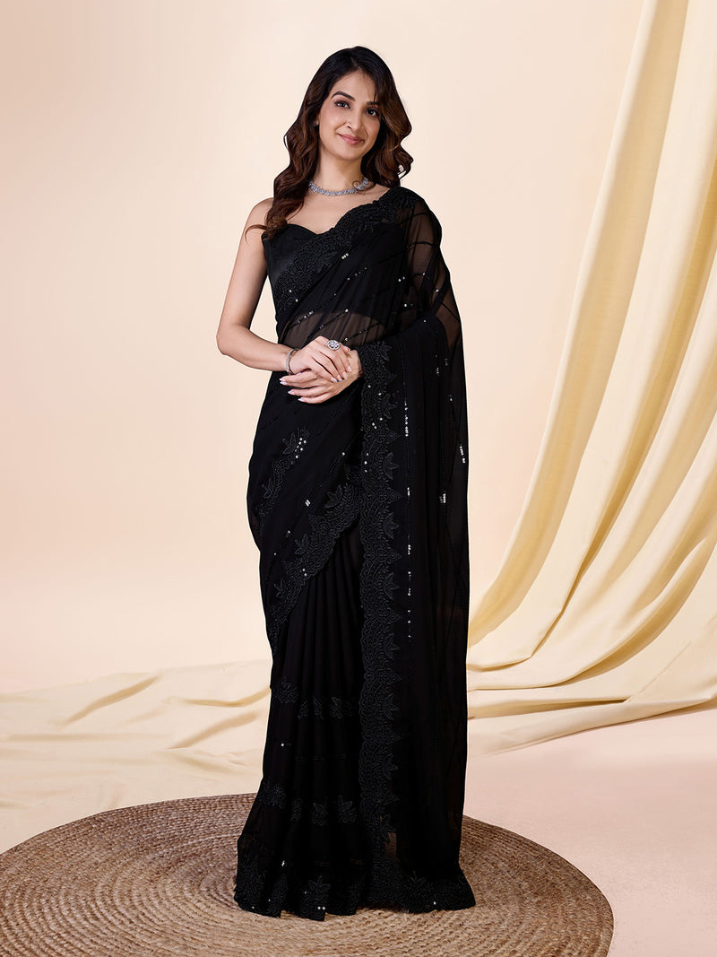 Black Women's Georgette Sequence Embroidery Work Saree with Blouse Piece