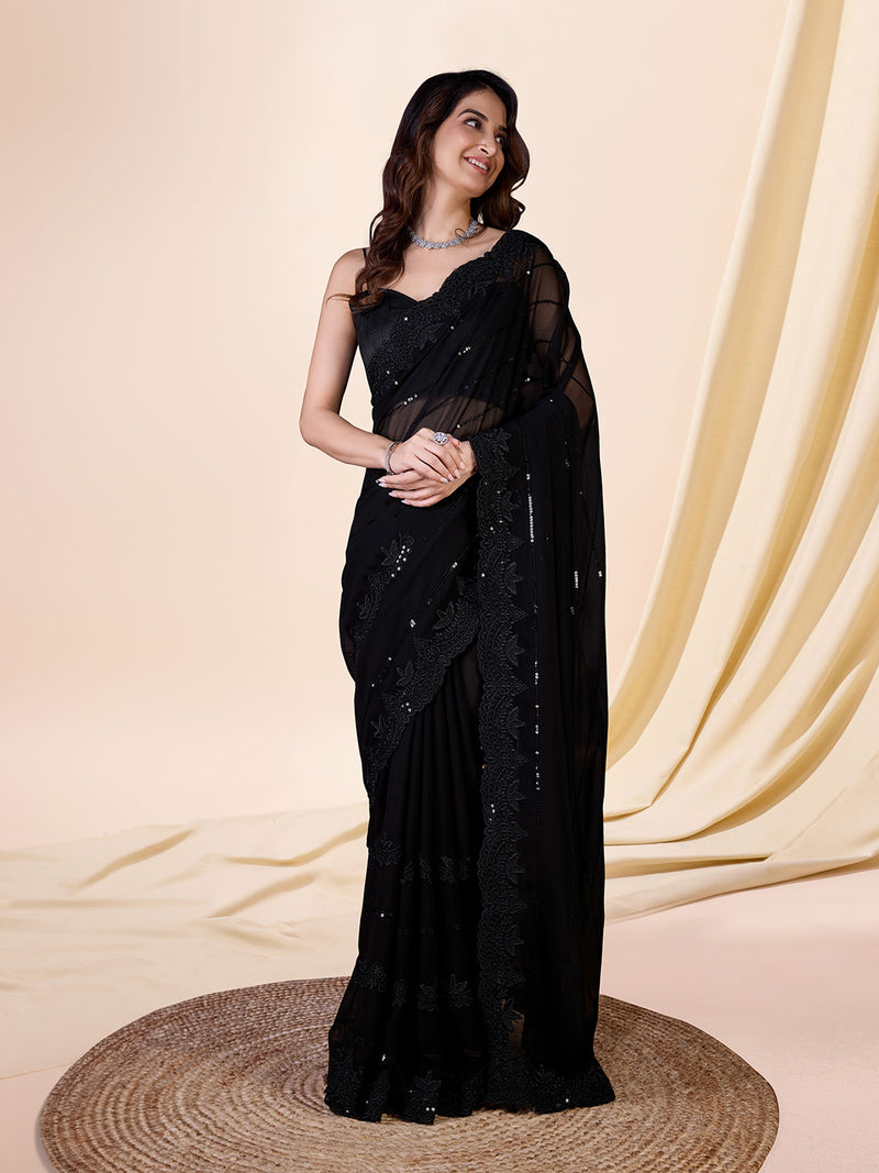 Black Women's Georgette Sequence Embroidery Work Saree with Blouse Piece