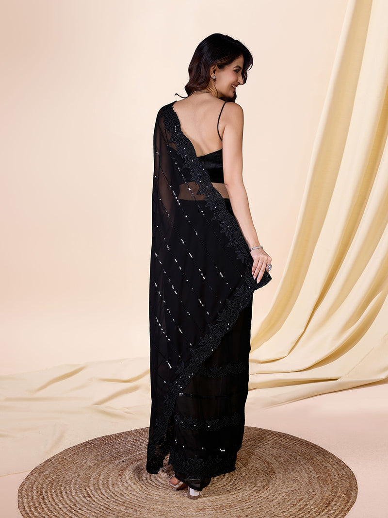 Black Women's Georgette Sequence Embroidery Work Saree with Blouse Piece