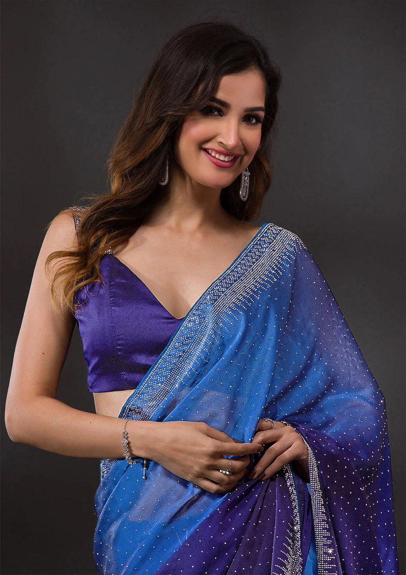 Women's Blue Rangoli Silk Siroski Dual Shade Saree with Unstitch Blouse Piece