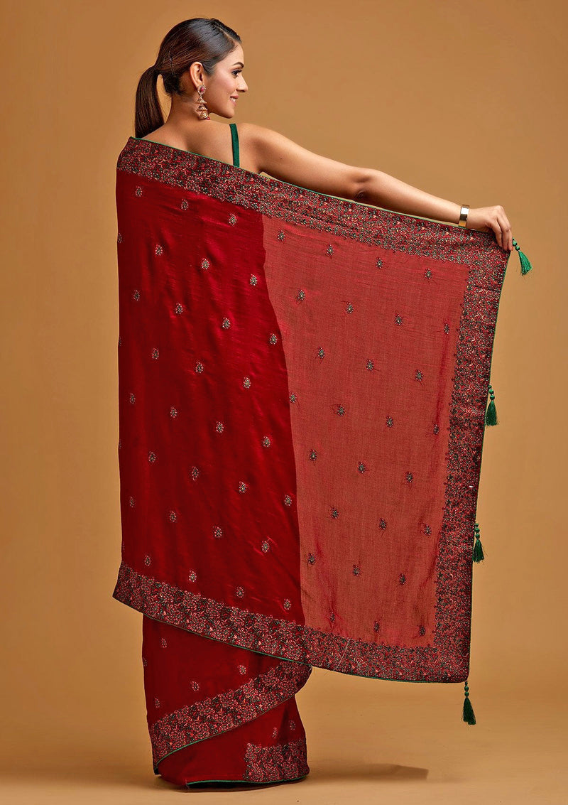 Women's Vichitra Silk Heavy Embroidred work Saree with Unstitched Blouse Piece
