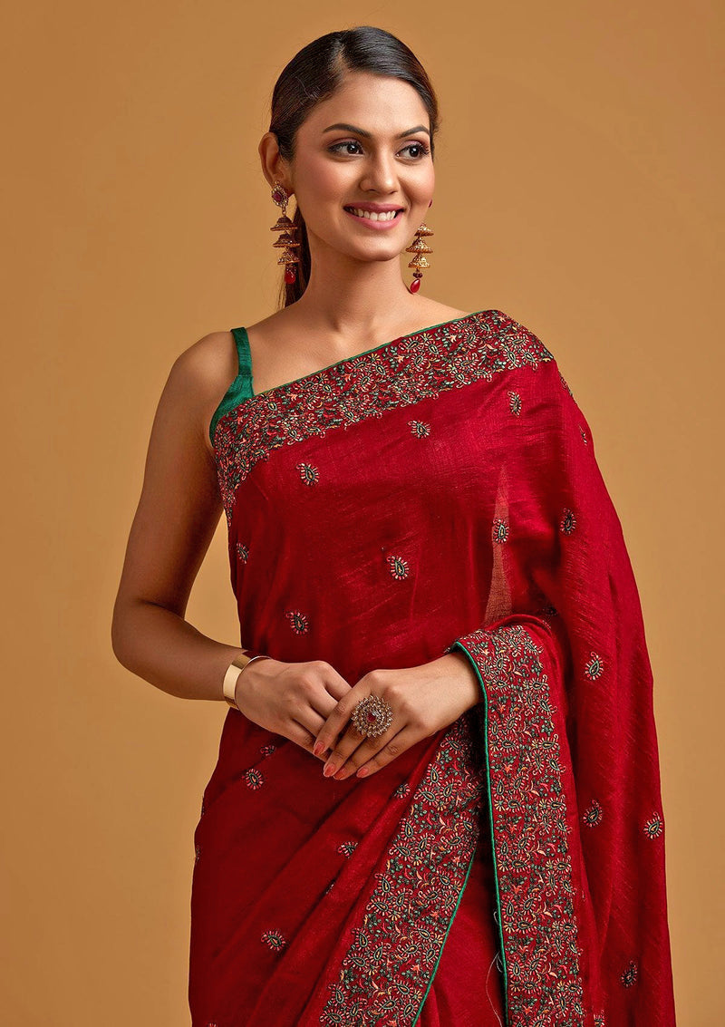 Women's Vichitra Silk Heavy Embroidred work Saree with Unstitched Blouse Piece