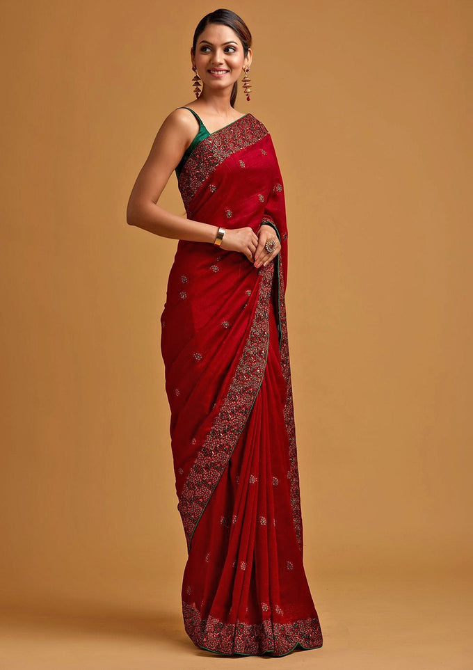 Vichitra Silk Heavy Embroidred work Saree with Unstitched Blouse Piece Trendmalls